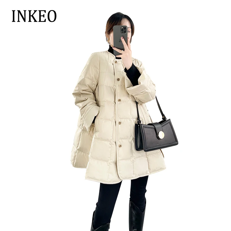 Luxury Women Winter 90% white duck down jacket Clock Beige Elegant O-neck long sleeve puffer coat Parkas Ladies 2023 INKEO 2O326