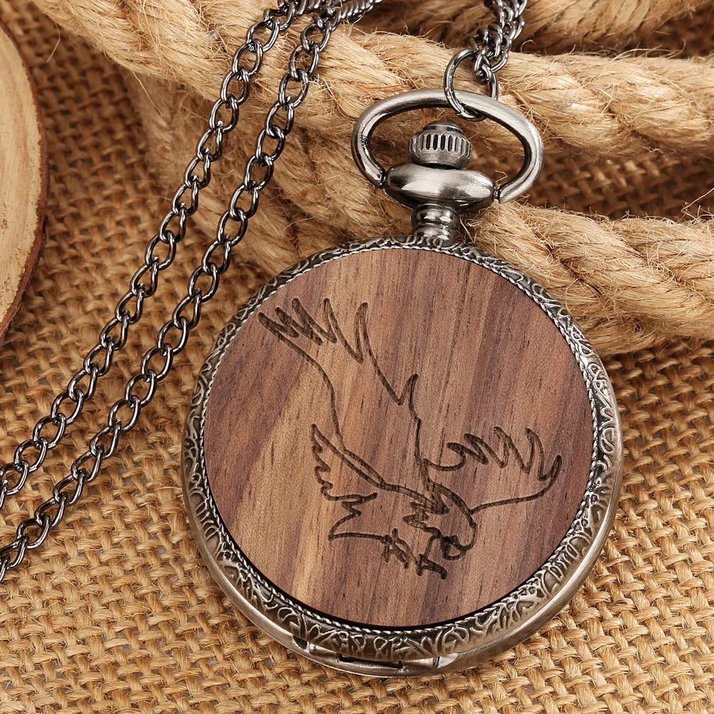 Pocket Watch Pendant Eagle Engraved Round Wood Decorative Quartz Necklace Watch Retro Pocket Clock Arabic Numerals Analog Dial