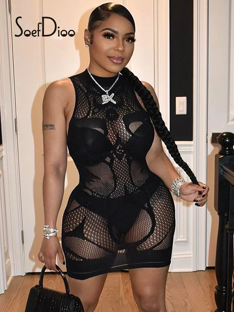 

Soefdioo Hollow Out Elastic Bodycon See Through Dress for Women 2022 Summer Night Club Wear Sexy Off Shoulder Black Mini Dresses