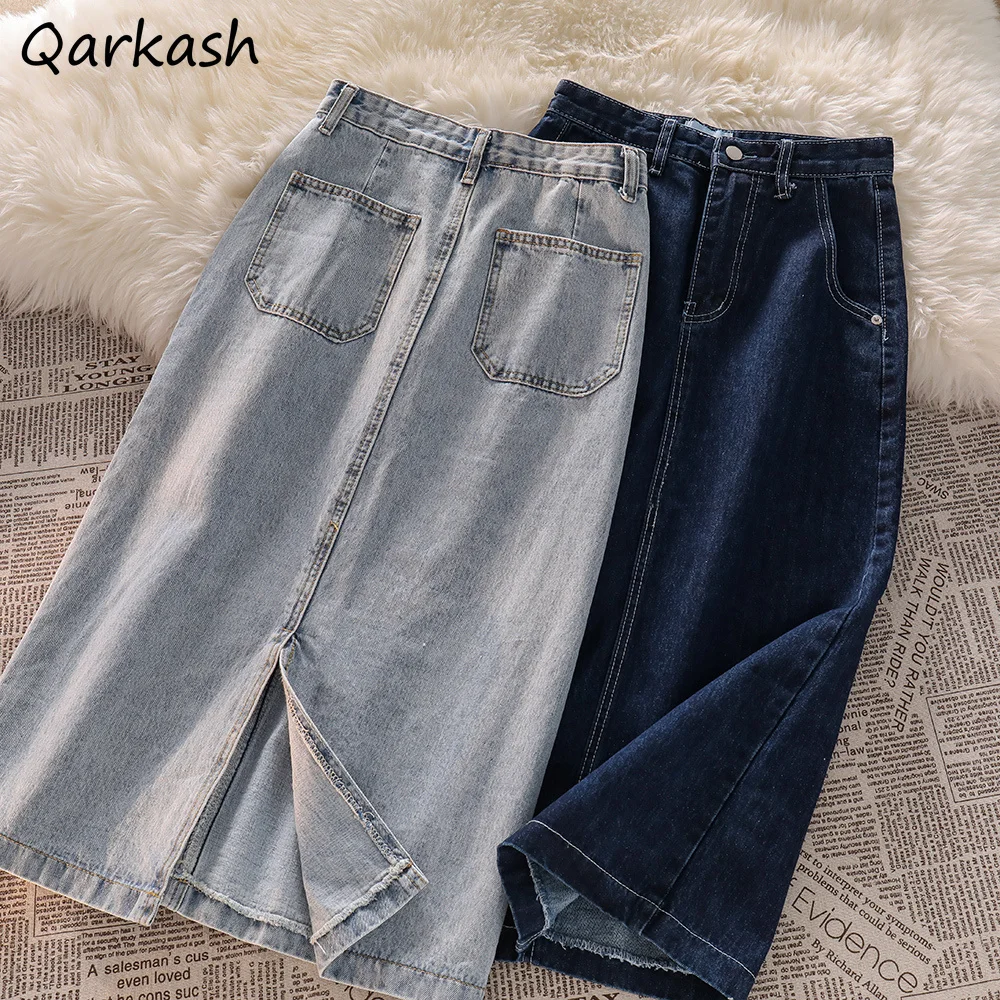 

Юбка женская джинсовая до середины икры, винтажная уличная одежда в стиле ретро, с разрезом сзади, трапециевидная юбка с завышенной талией, ...