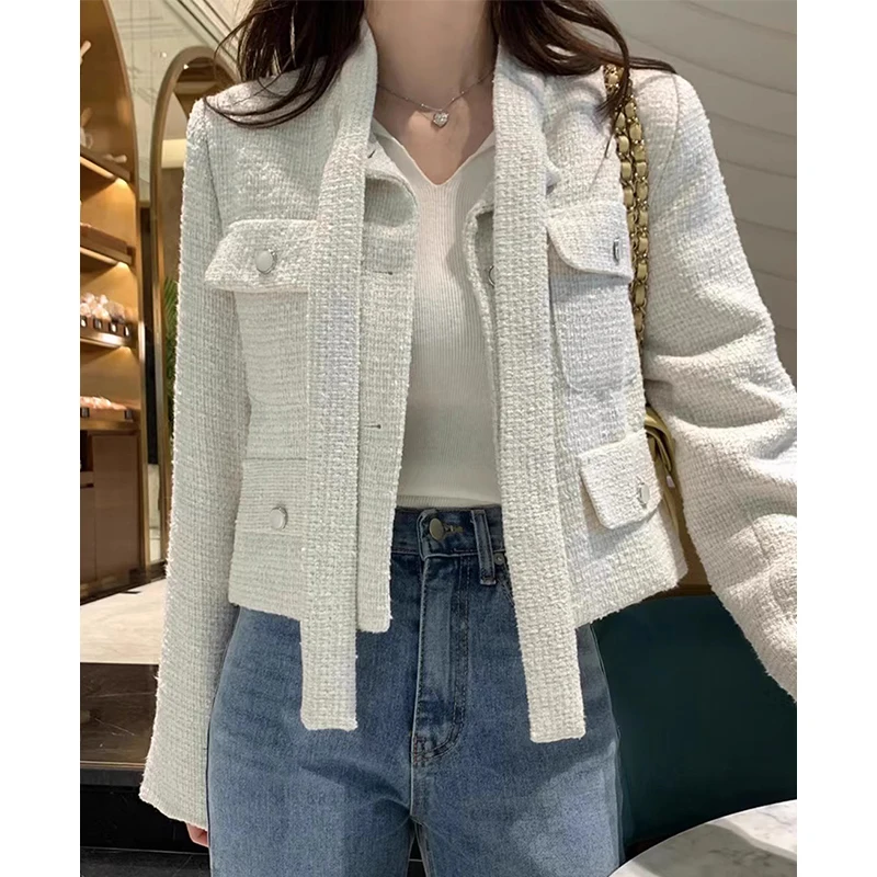 Женская твидовая однобортная куртка с длинным рукавом и лентами