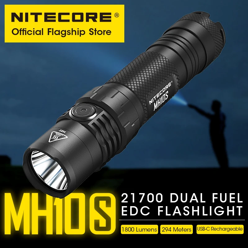 NITECORE MH10S LED spotlight long-range portable 1800 lumen usb-c rechargeable small straight flashlight with NL2140 4000mAh Bat