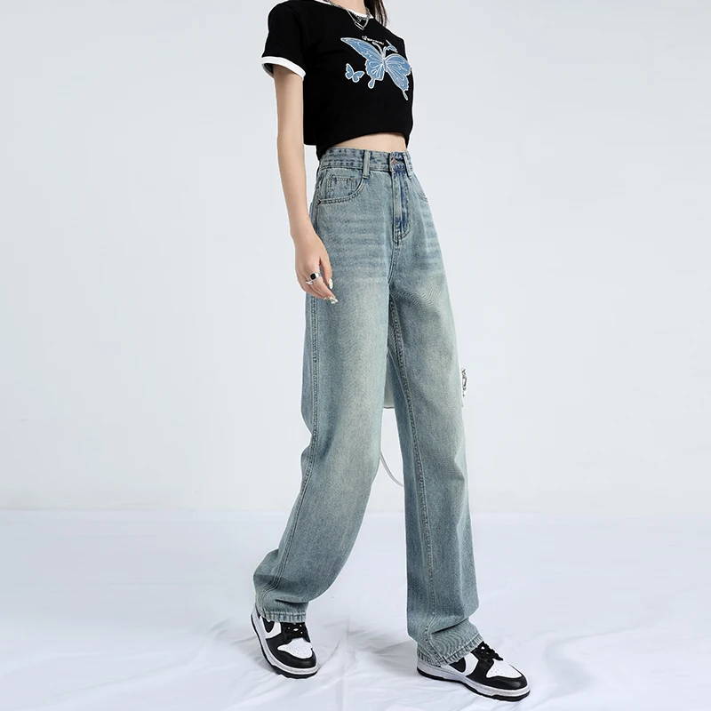2023 denim trousers women's summer blue casual new thin material Korean version high waist loose straight drape mopping trousers