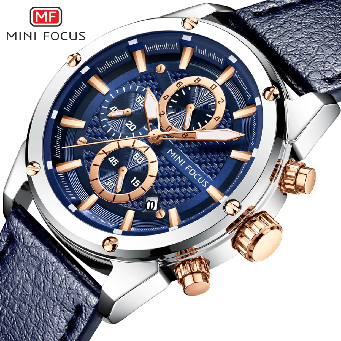 

MINI FOCUS Fashion Mens Watches Top Brand Luxury Quartz For Men Waterproof Sport Chronograph Wristwatch Blue Leather Strap Clock