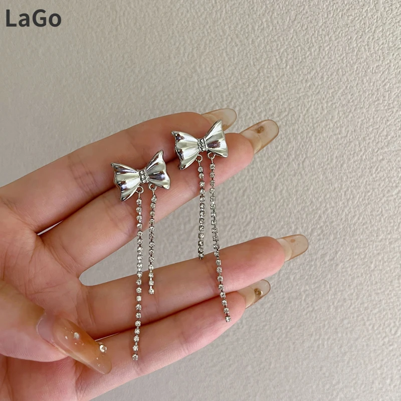 

Trendy Jewelry 925 silver needle Metal Bowknot Earrings For Women Simply Design Shiny Crystal Dangle Drop Earrings Wholesale