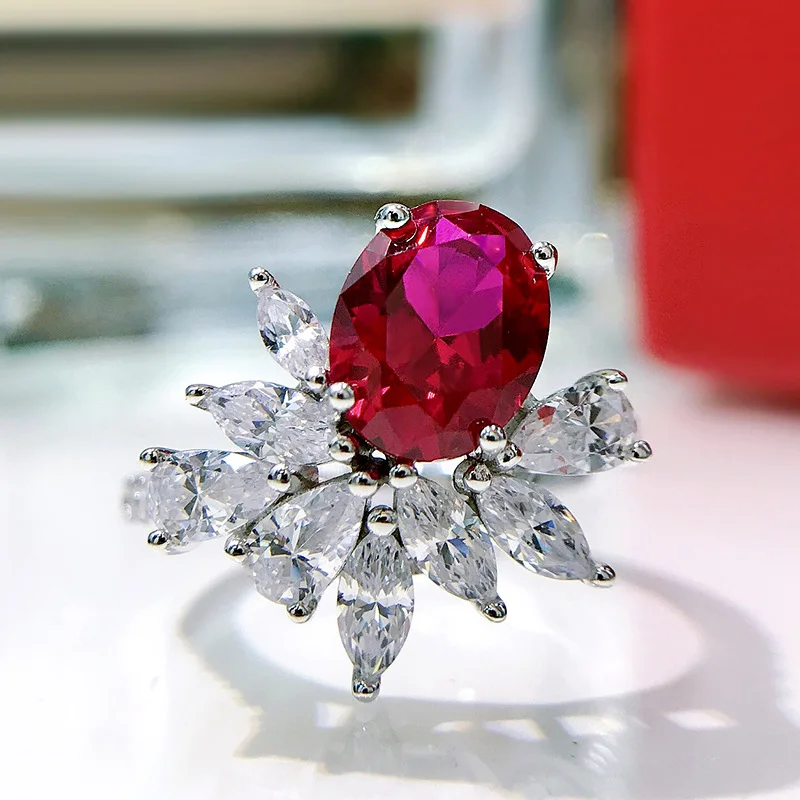 

Jewelry 925 Silver Synthetic Ruby Ring Oval 7 * 9 Ice Flower Design Advanced New Product Women's Ring Ring