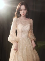 champagne prom dress o neck lantern long sleeve tulle sheer sequins floor length wedding party dresses 2022 new