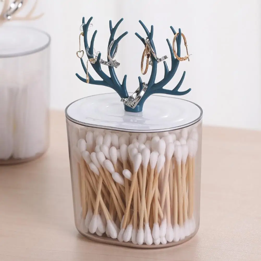 

Transparent Cotton Swab Case Antler Shape Lid with Jewelry Display Rack ABS Makeup Pad Container Sundries Candy Storage Box