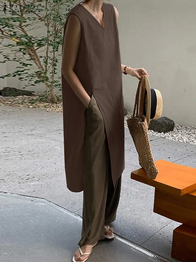 

Платье ZANZEA женское хлопковое с V-образным вырезом, элегантный праздничный пляжный сарафан с разрезом, однотонный кафтан, лето 2022