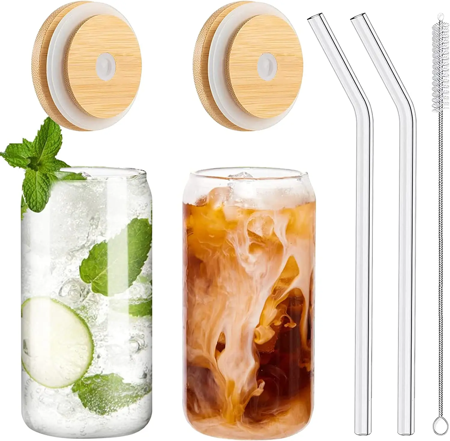 

2Pcs Glass Cups Transparent 500ml Can Beer Glasses Iced Coffee Drinkware With Bamboo Lids and Stainless Steel Straw & Brushes