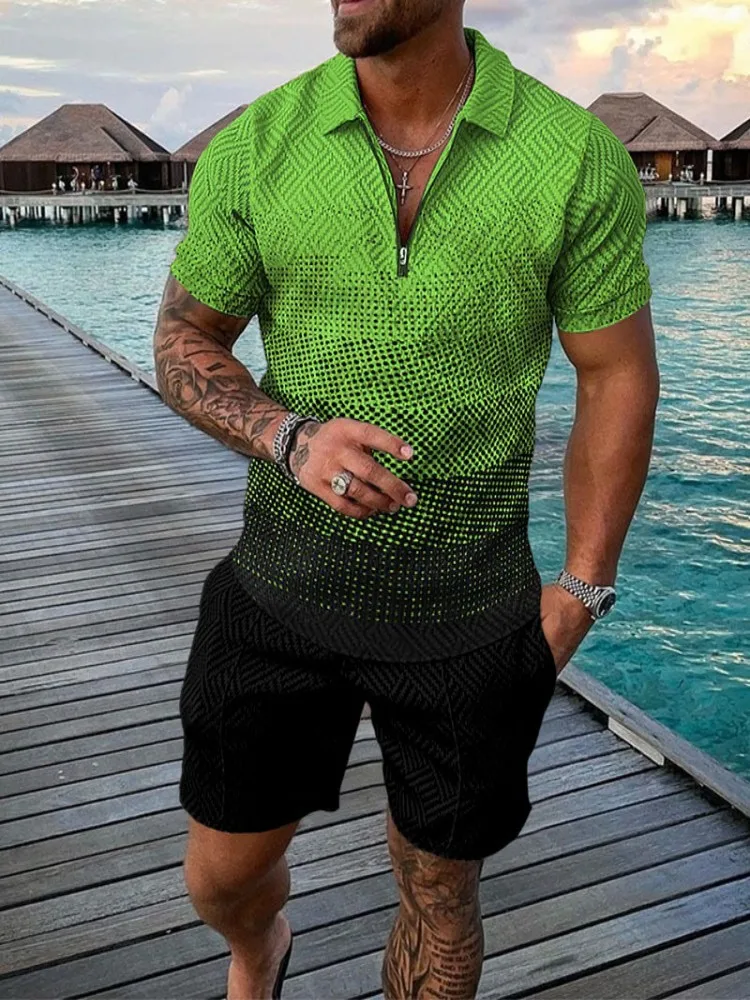 2023 Summer Men's Short Sleeve suitRelaxatio Lapel Short Sleeve Polo Shirt Hawaii Breathable Relaxatio Shorts Men Set