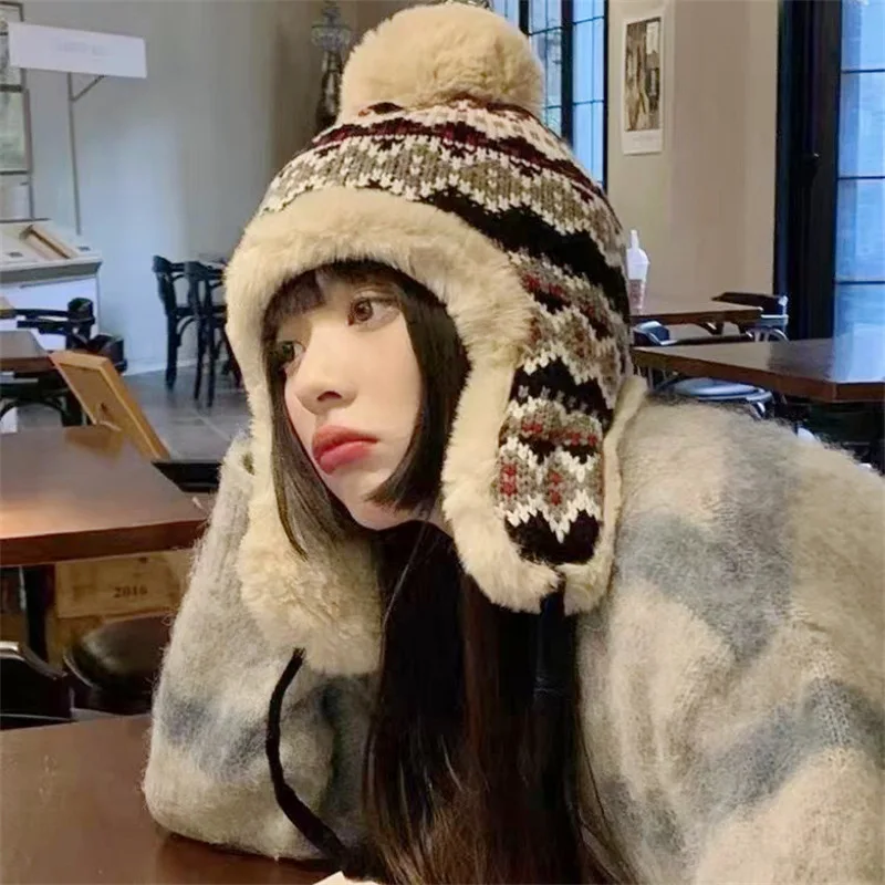 

Winter Fluffy Warm Ear Protection Jacquard Knit Hat Autumn And Winter Travel Ski Wool Hat