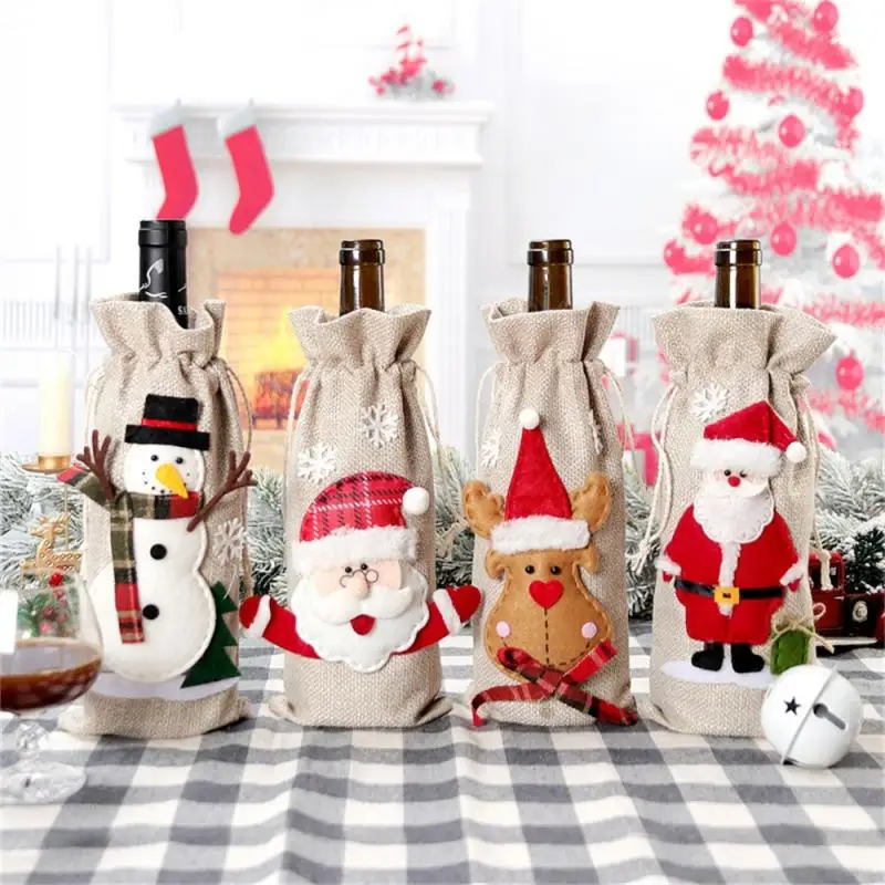 

Snowman Reindeer Burlap Wine Bottle Cover Convenient Handle Santa Wine Bottle Bag Reusable 40g Christmas Festive Bottle Set