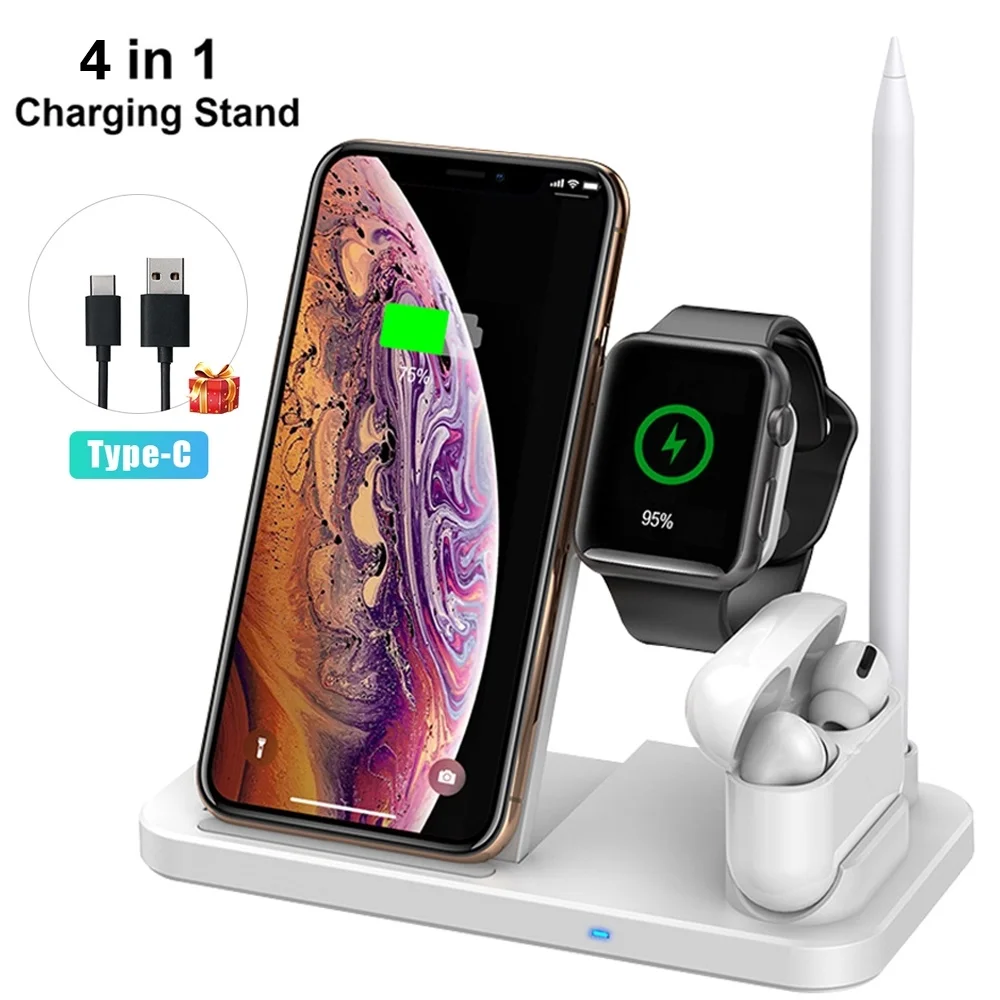 

4 in 1 Wireless Charger Stand 10W Fast Charging Dock Station For iPhone 12 11 XS XR X 8 Airpods Pro Apple Watch 6 5 4 3