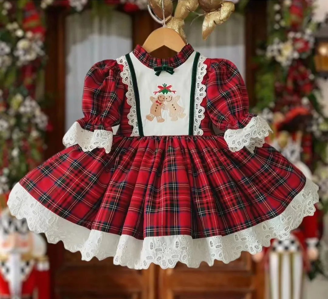 

Baby Girl Spring Summer Red Plaid Gingerbread Man Turkish Vintage Princess Gown Dress for Birthday Holiday Party Eid Christmas