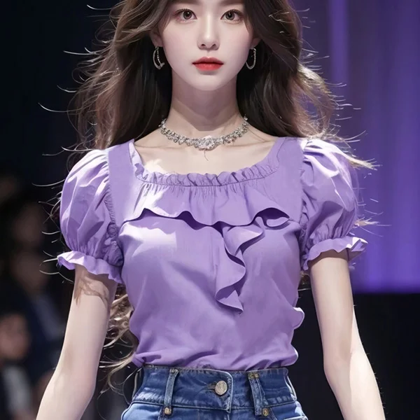 Новинка лета 2024 фиолетовые рубашки с оборками и коротким рукавом допаминовая