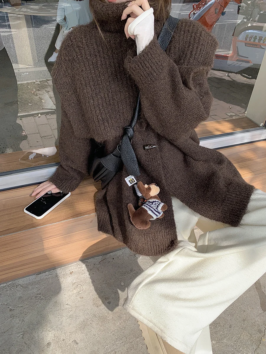 Outdoor Retro Stacked Knitted Shawl Scarf Women Winter Horn Buckle Turtleneck sweater Cardigan Outerwear Two-piece Set