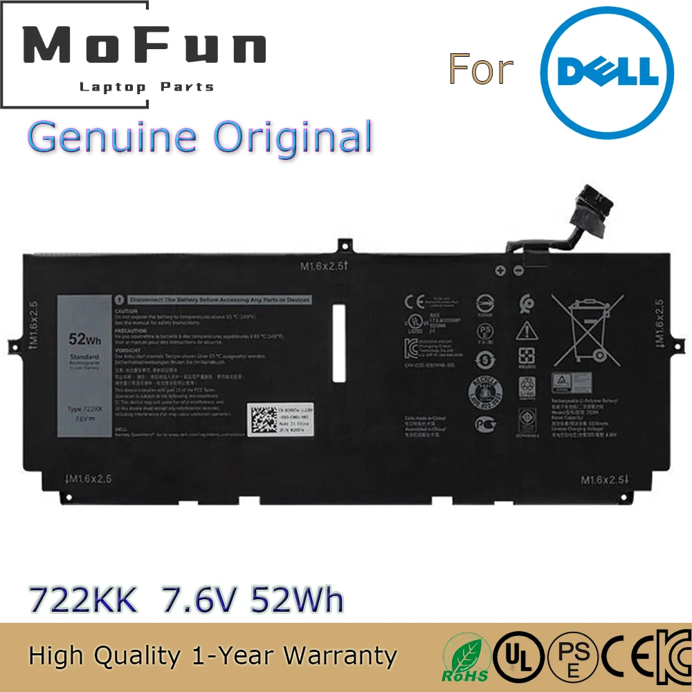 Совершенно новый оригинальный 722KK 7 6 в 52 Втч Аккумулятор для ноутбука Dell XPS 13 9300 2020