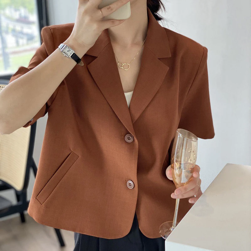 

Fashion Streetwear Women Short Sleeve Suit Blazer Summer Loose Solid Top Casual Korean All-match Elegant Button Suit Blazer New