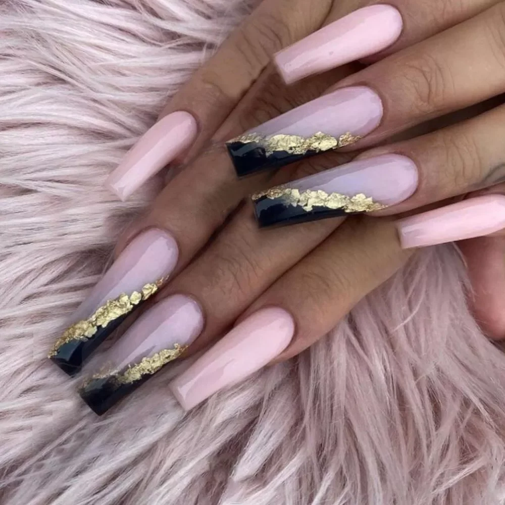

NEW Long Coffin False Nails Wearable Ballerina Fake Nails Orange gradient gold foil nails Full Cover Nail Tips Press On Nails