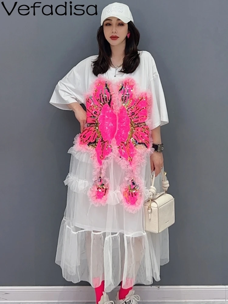 Vefadisa 2023 Summer Women Fashion Spliced Mesh Print Dress Personalized Flower Butterfly Black White Trendy Girl Dress ZY1354