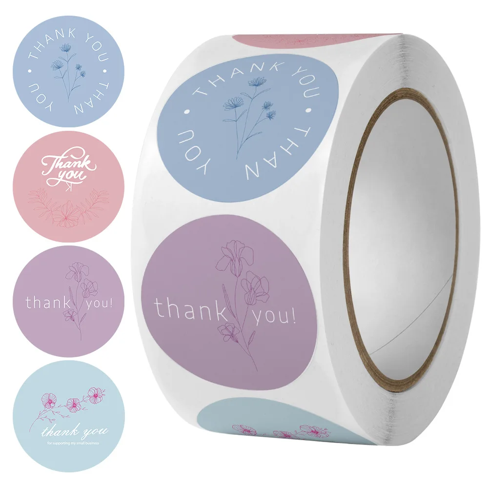 

25mm 500/ Roll Colorful Flowers Copper Sheet Paper Sticker Roses Thank You Label Holiday Birthday Wedding Envelope Decoration