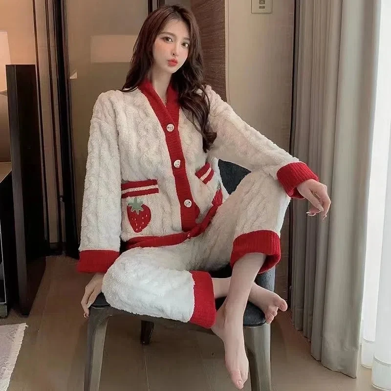 2 pieces Thick Coral Winter Warm Flannel Women Pyjamas Sets Long Sleeve Sleepwear Flannel Pajamas Set  pyjamas sets