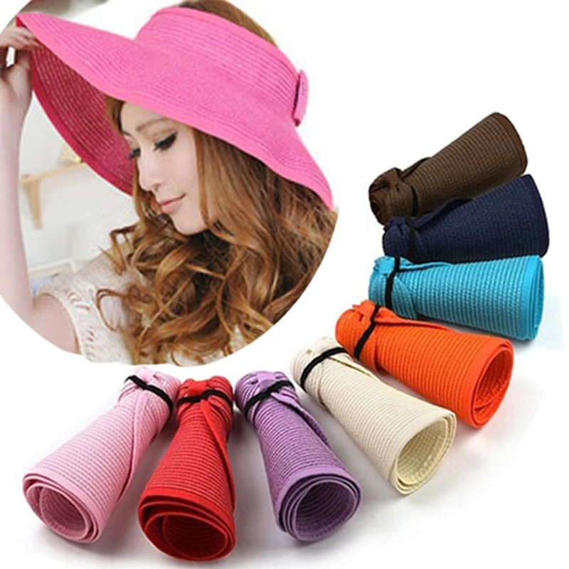 

Fashion Girl Women Lady Foldable Roll Up Sun Beach Wide Brim Straw Visor Hat
