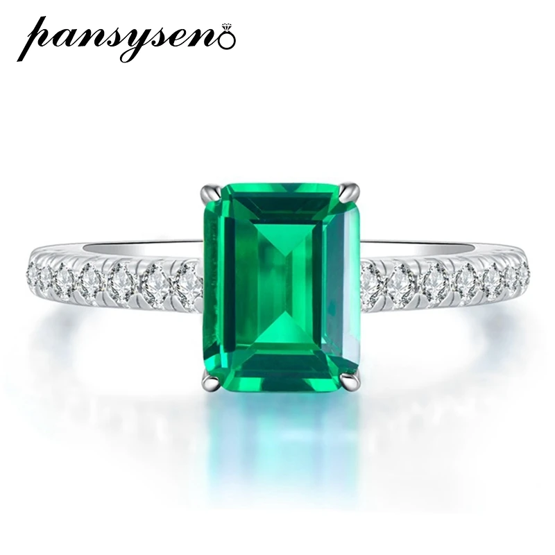 

PANSYSEN Luxury 100% 925 Sterling Silver 6*8MM 1ct Emerald High Carbon Diamond Gemstone Finger Ring Party Fine Jewelry Wholesale