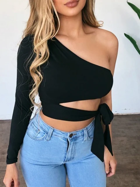 Women lady bandage slim tee tops long sleeve one-shoulder bow-tie elastic solid T Shirt cold shoulder sexy crop top Club Street 1