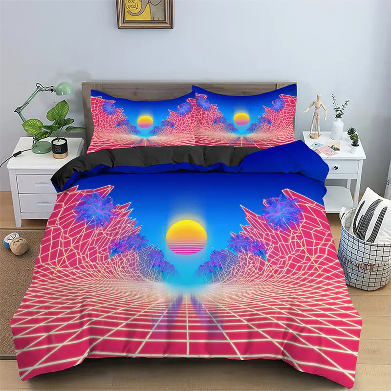 

Abstract Geometric Pattern Bedding Set Microfiber Japanese Waves Duvet Cover Psychedelic Comforter Cover For Girls Teen Bedroom