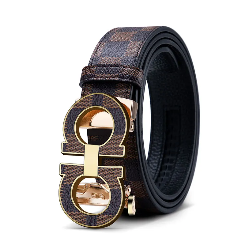 

AA Letter Gold Silver Non-fading Automatic Buckle Retro Plaid Cowhide Fashion Young Men's Belt