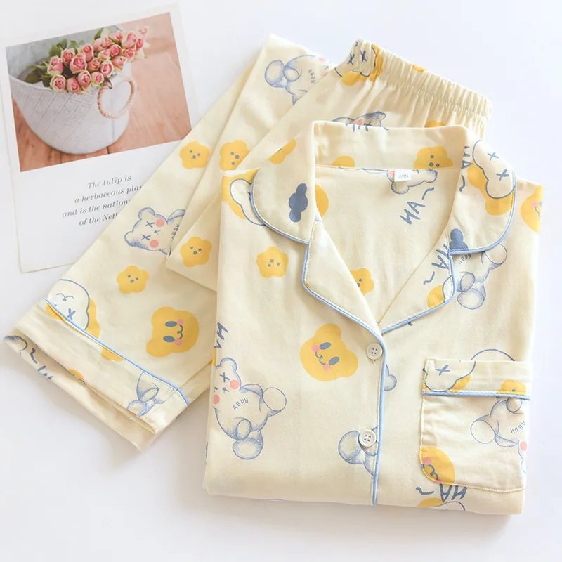 

New 100% Cotton Pajama Sets Women Spring Long Sleeve Knitted Sleepwear Kawaii Cartoon Female Printed Pajamas Home Suit Homewear