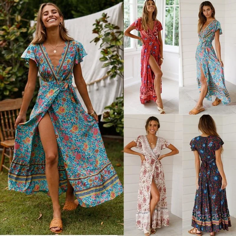 

Floral Dress for Women 2022 A Line Deep V Neck Tie Up Mini Vestidos Sexy Chic Elegant Summer Beach Party Female Dresses