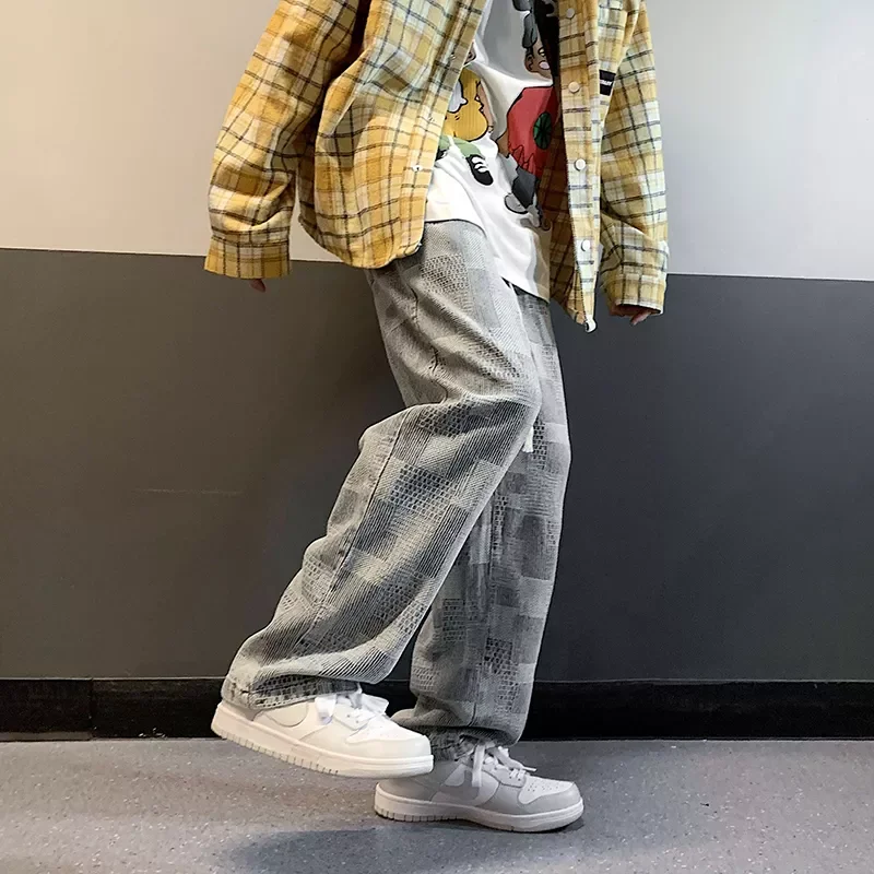 

Jeans Geometric Patchwork Streetwear Baggy Denim Pants Male Straight Loose Cowboy Trousers New Fashion Mopping