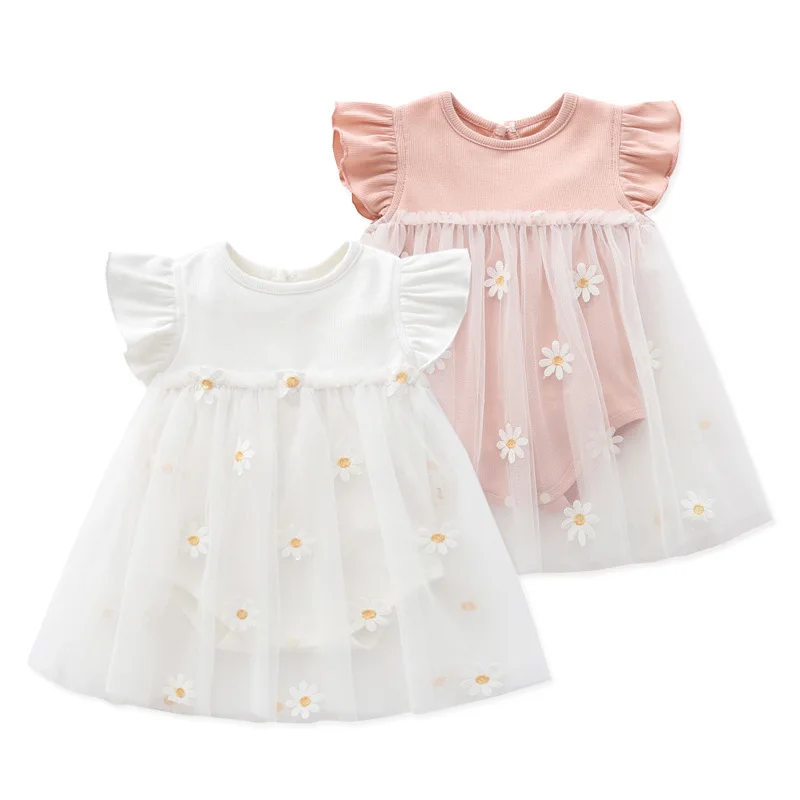 Summer New Baby Girl Ruffles Romper Dress Toddler Patchwork Tulle Embroidery Floral Sleeveless Fashion Cute One-Piece Dress 2023