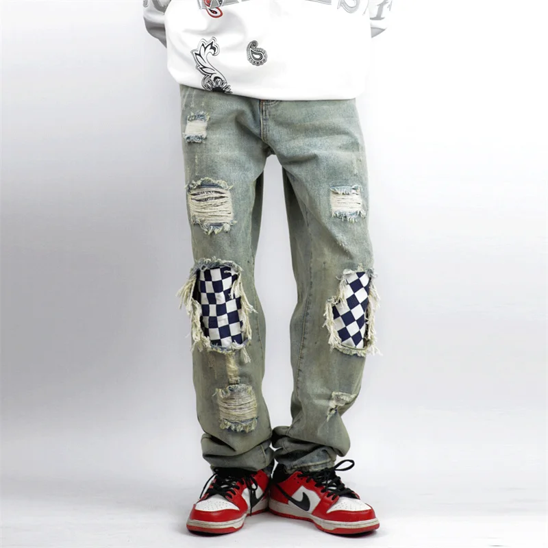 

2022 Hip Hop Streetwear Men Jeans Checkerboard Patchwork Vintage Washed Denim Pants Harajuku Punk Fashion Straight Trousers