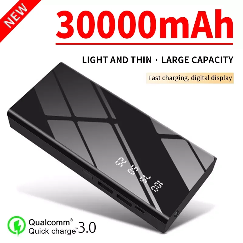 

NEW2023 Power Bank Mirror Screen 30000mAh Portable Powerbank Led Flashlight LCD Digital Display Fast Charging External Battery C