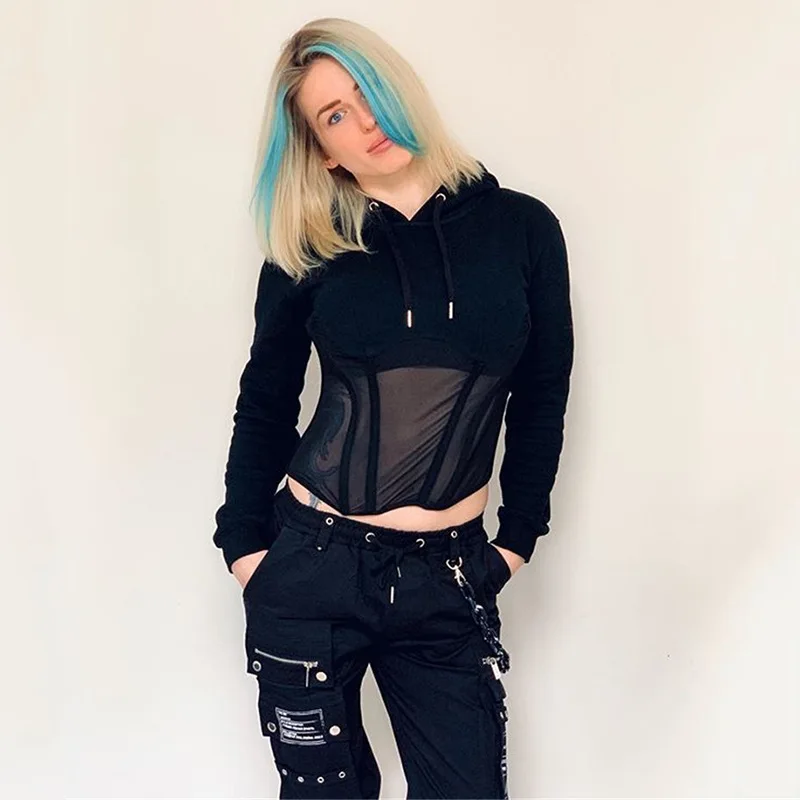 

Women Spring Sexy Mesh See-through Hoodies Street Indie Patchwork Loose Pullovers 2021 Autumn New Fashion Vintage Y2k Sweatshirt