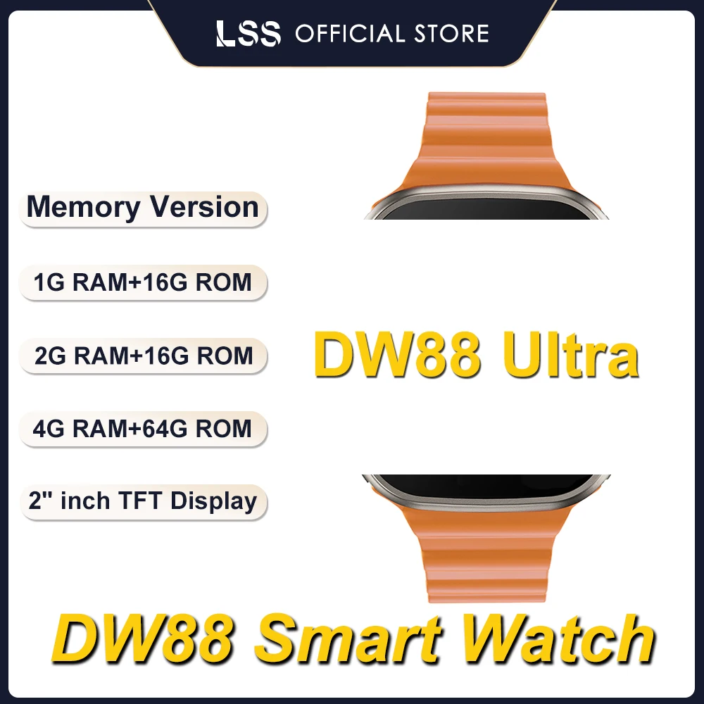 

DW88 Ultra Smartwatch 2.0" Screen 16gb Memory Sim Card 4g Network 900mah IP67 Waterproof Video Call Smartwatch For Google Play