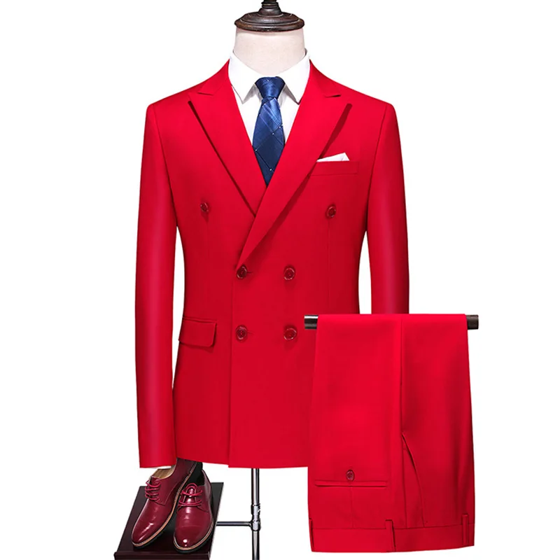 

2022 Fashion New Men's Business Double Breasted Solid Color Suit Coat Male Slim Wedding 2 Pieces Blazers Jacket Pants Trousers