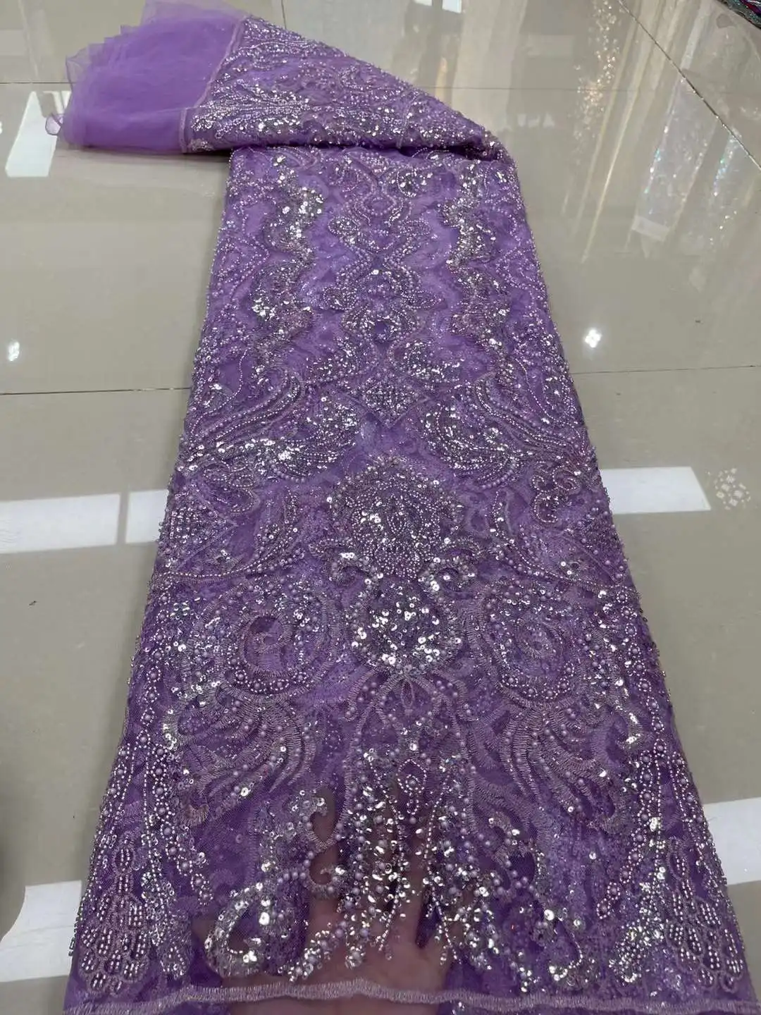 

Purple African Lace Fabric 2022 High Quality Lace Nigerian Beads Sequins Groom Lace Fabric French Tulle Fabric For Wedding Dress
