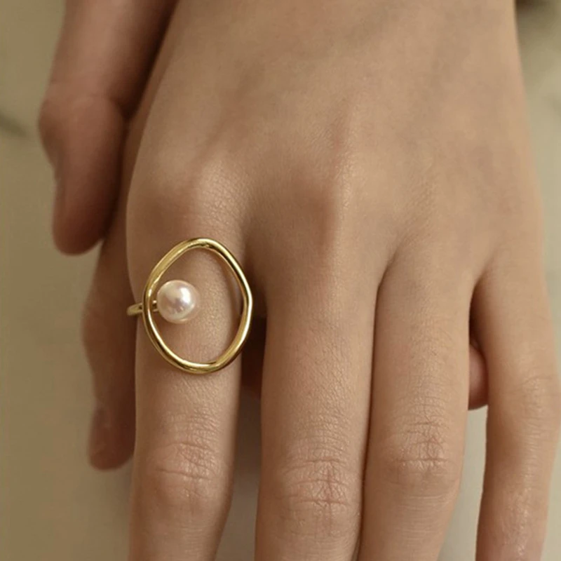 

Korean Fashion 14 K Gold Color Pearl Finger Ring Geometric Open Adjustable Elegant Women Wedding Jewelry Anniversary Gift