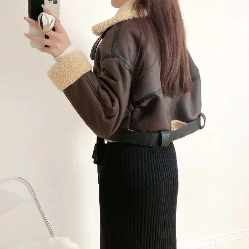 Autumn and Winter New Women's Loose Short Lapel Long-sleeved Fur Integrated Motorcycle Leather Jacket enlarge