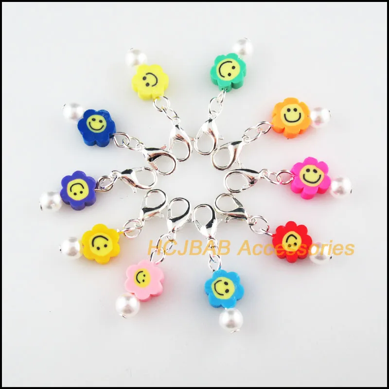 

Fashion New 20Pcs Silver Plated Clay Mixed Flower Smile Charms Pendants With Lobster Claw Clasps 9x19mm