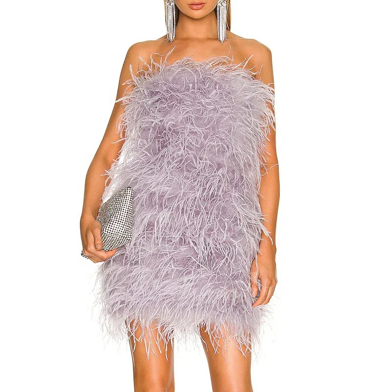 

Elegant 100% Ostrich Feather Mini Cocktail Dresses 2022 Sexy Strapless Short Prom Dress Wedding Birthday Party Gowns S4082