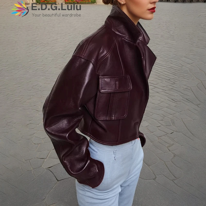 EDGLuLu осенняя женская модная короткая куртка из искусственной кожи с отложным