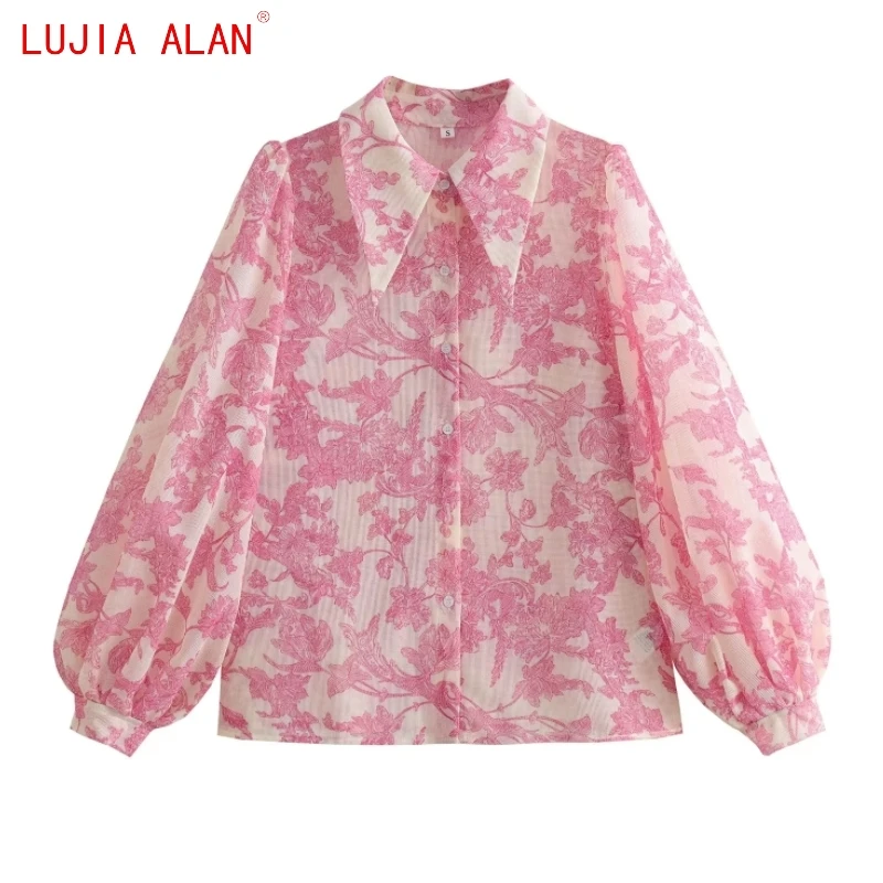 

Autumn New Women Flower Printed Mesh Shirt Female Lantern Sleeve Blouse Casual Turndown Collar Loose Tops LUJIA ALAN B2320