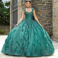 green sequined quinceanera dresses corset ball gown beaded crystal 3d flower formal prom birthday gowns princess sweet 15 16 dre