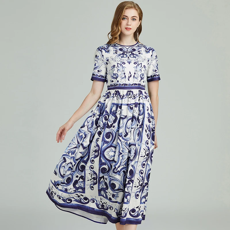

2023 Summer Women O-Neck Short Sleeve Vacation Dress Fashion Designer Blue And White Porcelain Print Ladies A-Line Midi Dress